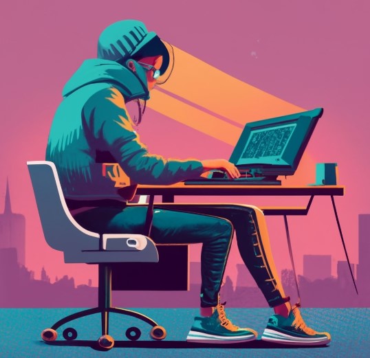 Ilustración de persona sentada frente a una computadora, Representando una de las causas que pueden causar dolor cervical