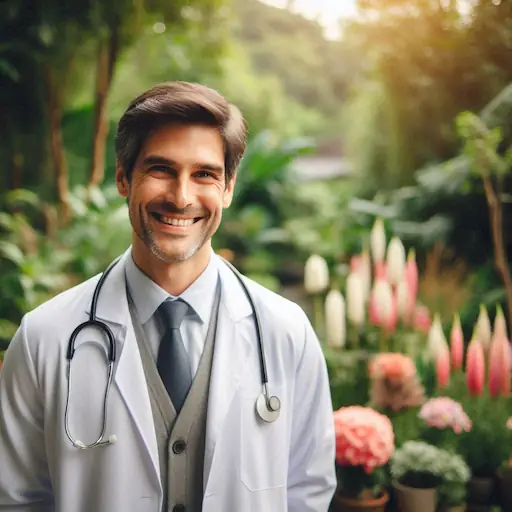 Médico en entorno natural, muestra de la medicina sustentable